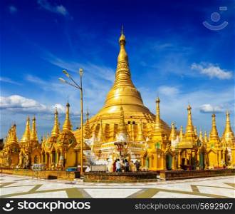 Myanmer famous sacred place and tourist attraction landmark - Shwedagon Paya pagoda. Yangon, Myanmar