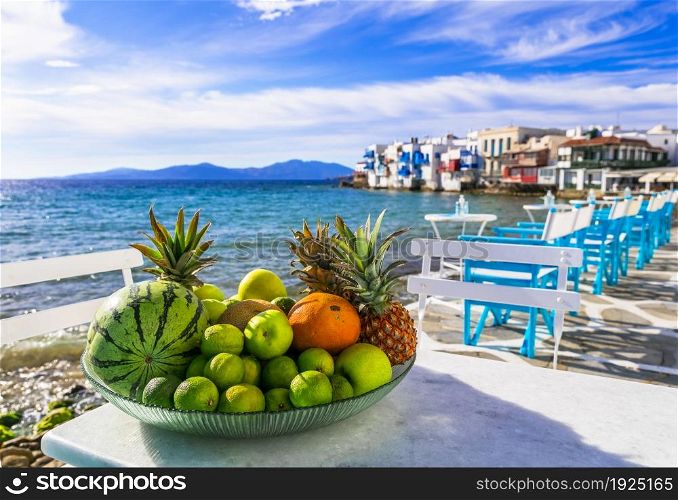 "Mykonos island,Cyclades. Greece summer holidays. Bars by the sea in famous popular place "Little Venice""