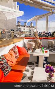 Mykonos island,Cyclades. Greece summer holidays. Bars by the sea in famous popular place  Little Venice .