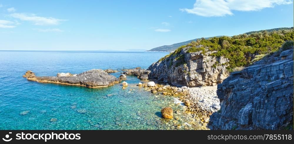 Mylopotamos beach summer view (Greece). Aegean Sea panorama.