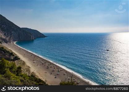 Mylos beach in lefkada, Greece. Lefkada island, Mylos beach, Greece - August 30 2016: The sand is pure white and the waters are turquoise. The beach is at the end of the scenic footpath setting out from Aghios Nikitas.