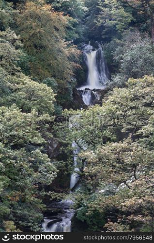 Mynach Falls or Rhaeadr Mynach a waterfall in Autumn or Fall. Devil?s Bridge, Pontarfynach, Hafod estate, Ceredigion, Wales, United Kingdom, Europe.
