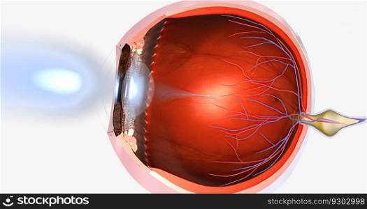 Myopia, is a common visual condition in which the eye s ability to focus on distant objects is impaired. 3D rendering. Myopia, is a common visual condition in which the eye s ability to focus on distant objects is impaired.