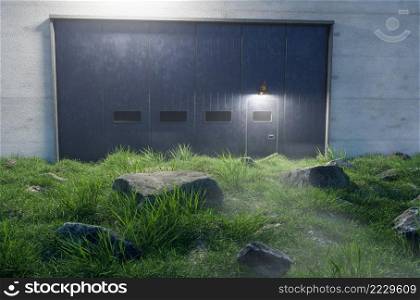 Mysterious Cement Wall and Iron Door with Windows Surrounded by Large Racks in Field