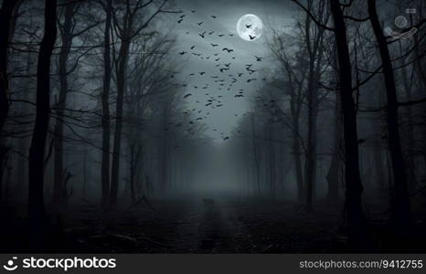 Mysterious dark forest at night with full moon and flying bats