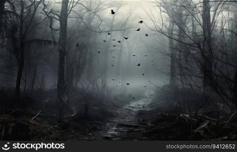 Mysterious dark forest with birds flying in fog, Halloween concept