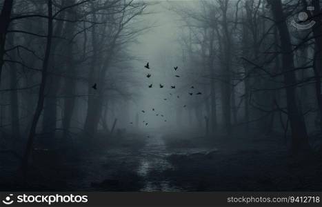 Mysterious dark forest with fog and flying birds. Halloween background