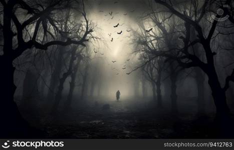 Mysterious dark forest with fog and silhouette of a man.