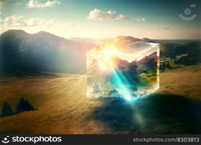 Mysterious glass cube on the natural landscape. Shiny mystic geometric object on abstract background. Generated AI. Mysterious glass cube on the natural landscape. Shiny mystic geometric object on abstract background. Generated AI.