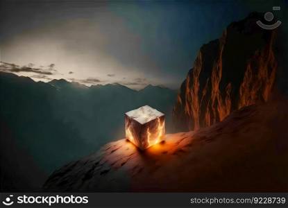 Mysterious glass cube on the natural landscape. Shiny mystic geometric object on abstract background. Generated AI. Mysterious glass cube on the natural landscape. Shiny mystic geometric object on abstract background. Generated AI.