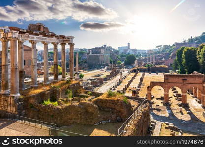Mysterious Roman Forum ruins at sunset, Rome, Italy.