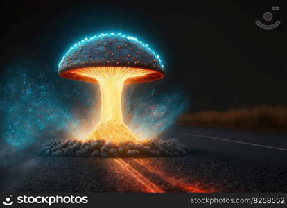 Mysterious sci-fi alien mushroom growing through the asphalt road. Generated AI. Mysterious sci-fi alien mushroom growing through the asphalt road. Generated AI.