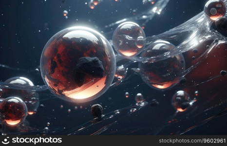 Mysterious underwater 3D visualization with floating spheres and bubbles, set against darkness. Created with generative AI tools. floating spheres and bubbles, set against darkness. Created by AI