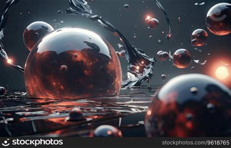 Mysterious underwater 3D visualization with floating spheres and bubbles, set against darkness. Created with generative AI tools. floating spheres and bubbles, set against darkness. Created by AI