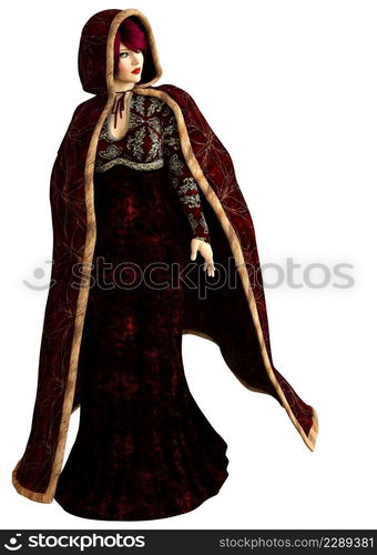 Mysterious woman in red winter cloak, 3D Illustration.