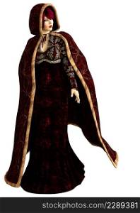 Mysterious woman in red winter cloak, 3D Illustration.