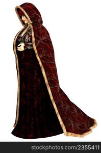 Mysterious woman in red winter cloak, 3D Illustration.