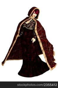 Mysterious woman in red winter cloak, 3D Illustration.