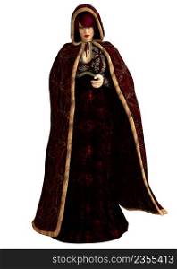 Mysterious woman in red winter cloak, 3D Illustration.