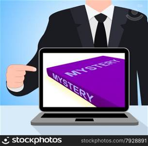 Mystery Book Laptop Showing Fiction Genre Or Puzzle To Solve