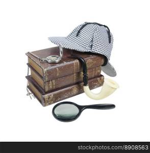 Mystery Books with Deerstalker Cap, Magnifier, Pipe and Pocket Watch - path included
