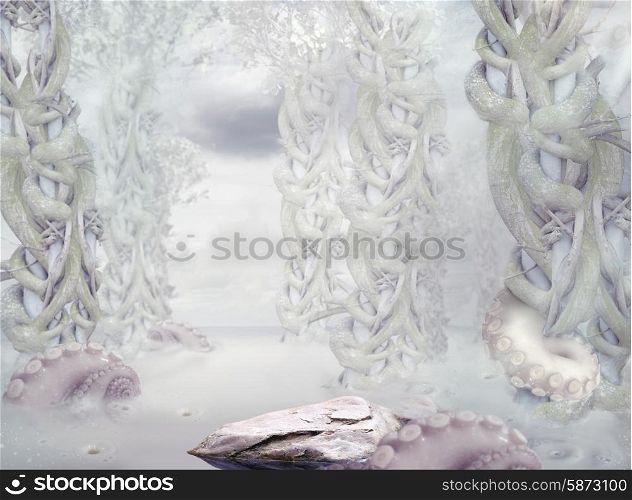Mystery. Surrealistic Mysterious White Forest