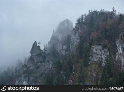 Mystic cloudy and foggy autumn alpine mountain slopes, Austria