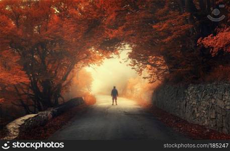 Mystical autumn red forest with silhouette of a man on the road in fog. Fall woods. Landscape with man, trees, road, orange and red foliage, and yellow fog. Travel. Autumn background. Magical forest
