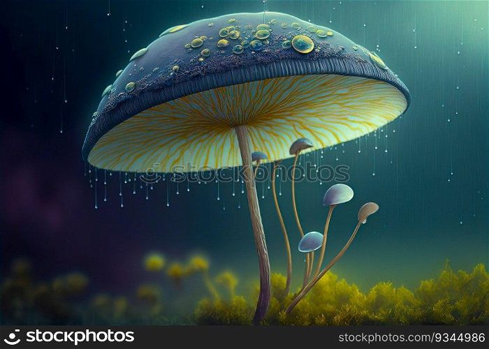 Mystical Blue Mushroom of Fantasy Art in Rain-Kissed Grass