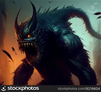 Mystical fictional fantasy monster with sharp teeth, spikes on the body and burning eyes. Surrealistic evil creature in a ruined room. AI generated.. Mystical fictional fantasy monster with sharp teeth, spikes on the body and burning eyes. AI generated.