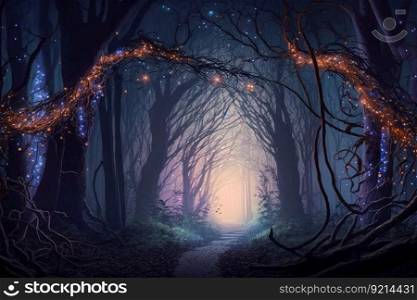 mystical forest, with towering trees and fairy lights shining in the mist, created with generative ai. mystical forest, with towering trees and fairy lights shining in the mist