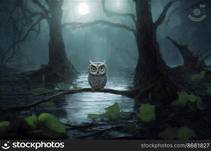 Mystical owl sitting on branch at dark forest 3d illustrated