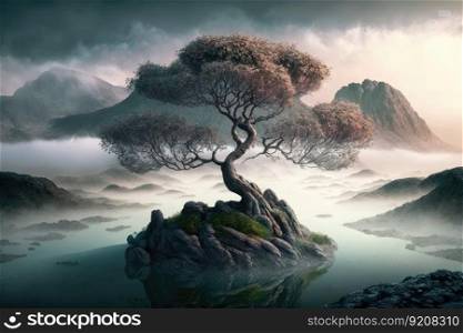 mystical tree surrounded by mist, with view of distant mountains, created with generative ai. mystical tree surrounded by mist, with view of distant mountains