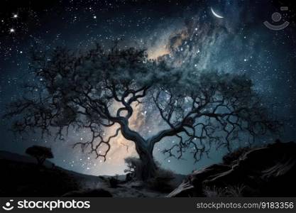 mystical tree with a view of the night sky, stars shining, created with generative ai. mystical tree with a view of the night sky, stars shining