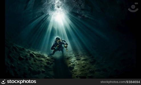 Mystical Underwater Journey.  Diving into Darkness. AI Generated