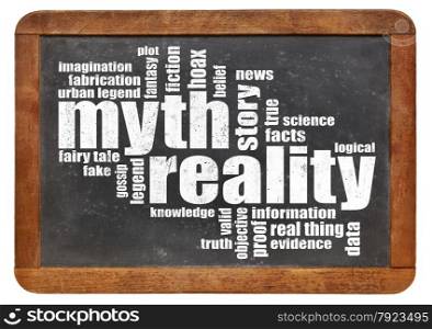 myth and reality word cloud on an isolated vintage slate blackboard