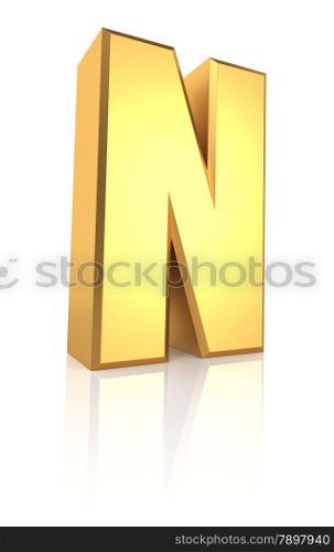 N letter. Gold metal letter on reflective floor. White background. 3d render