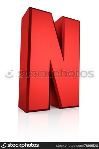 N letter. Red letter on reflective floor. White background. 3d render