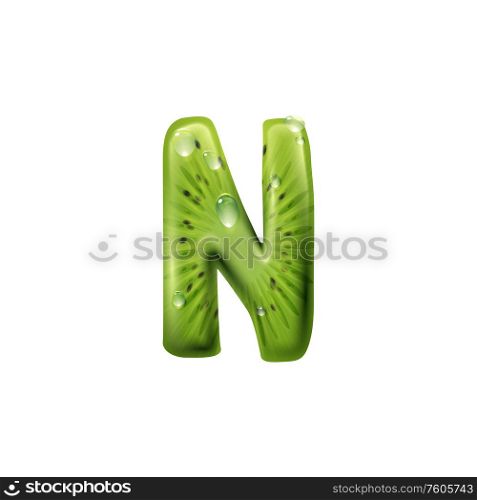 N of green kiwi food letter isolated ABC part. Vector exotic summer alphabet sign. Letter N kiwi food alphabet sign isolated ABC font