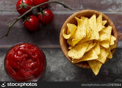 nachos bowl tomato sauce table