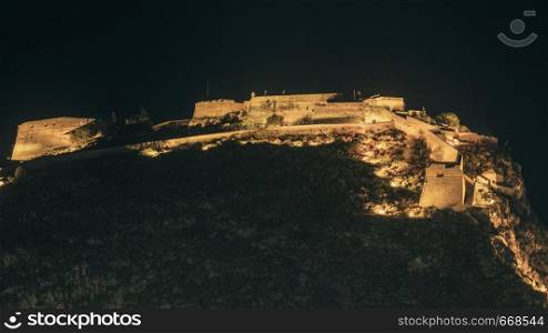 Nafplio Palamidi fortress in Peloponnese peninsula Greece, night scene. Nafplio Palamidi fortress in Peloponnese Greece.