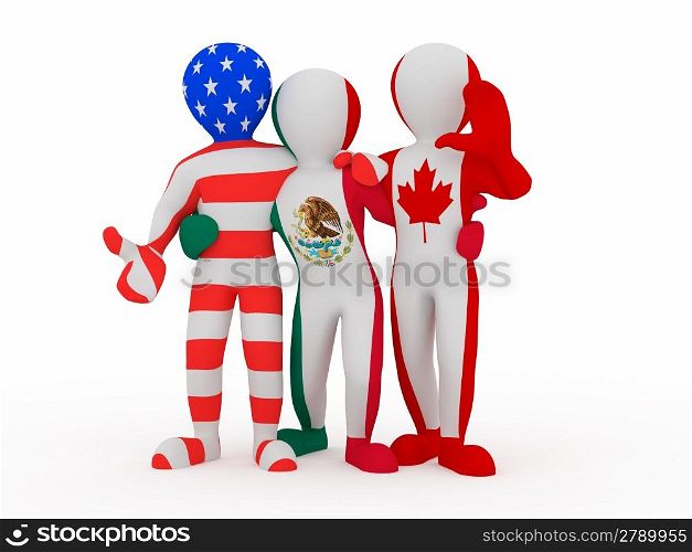 NAFTA. People in color of national flag of Canada, Mexico, USA. 3d