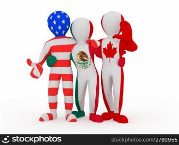 NAFTA. People in color of national flag of Canada, Mexico, USA. 3d