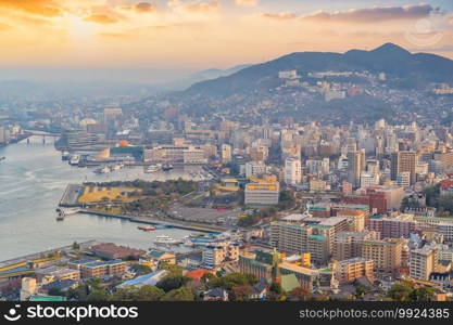 Nagasaki city downtown skyline cityscape in Kyushu Japan from top view