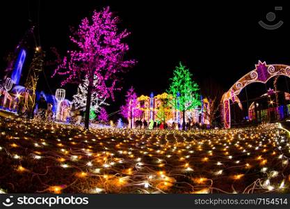 NAGASAKI, JAPAN - April 29,2019 : Huis Ten Bosch is a theme park in Nagasaki, Japan, which displaying old Dutch buildings and colorful lights show at night.