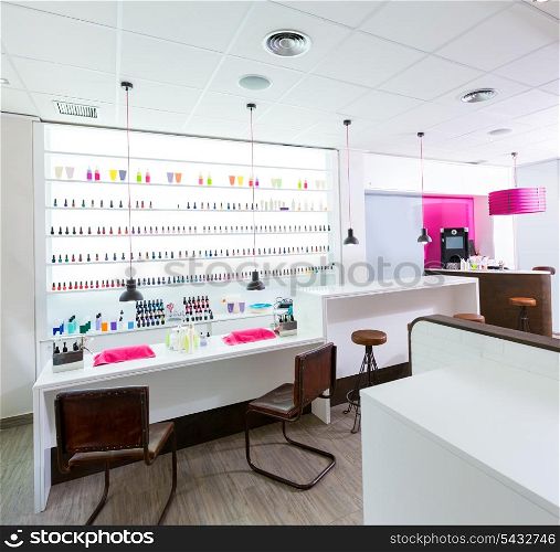 Nail and pedicure saloon modern with nail polish colorful in a row on white background