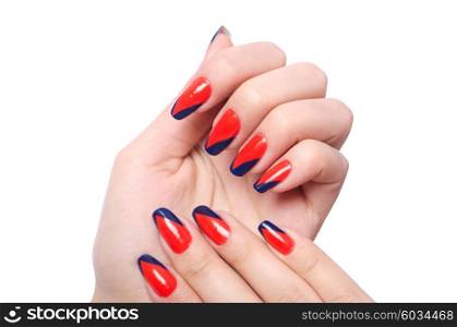 Nail art concept with hands on white