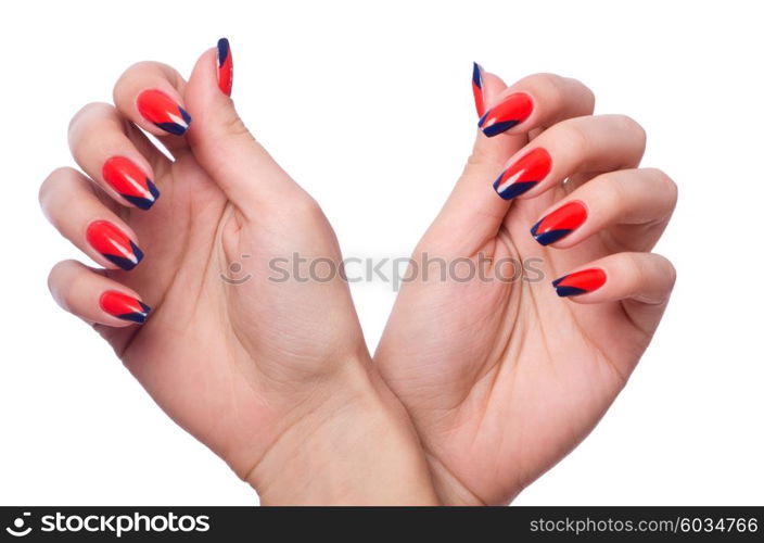 Nail art concept with hands on white