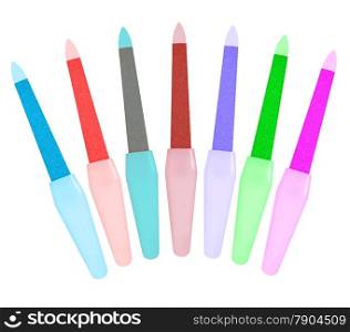 Nail files are laid out in a fan shape isolated on white background. Collage of different colors