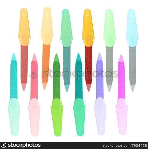 Nail files isolated on white background. Collage of different colors